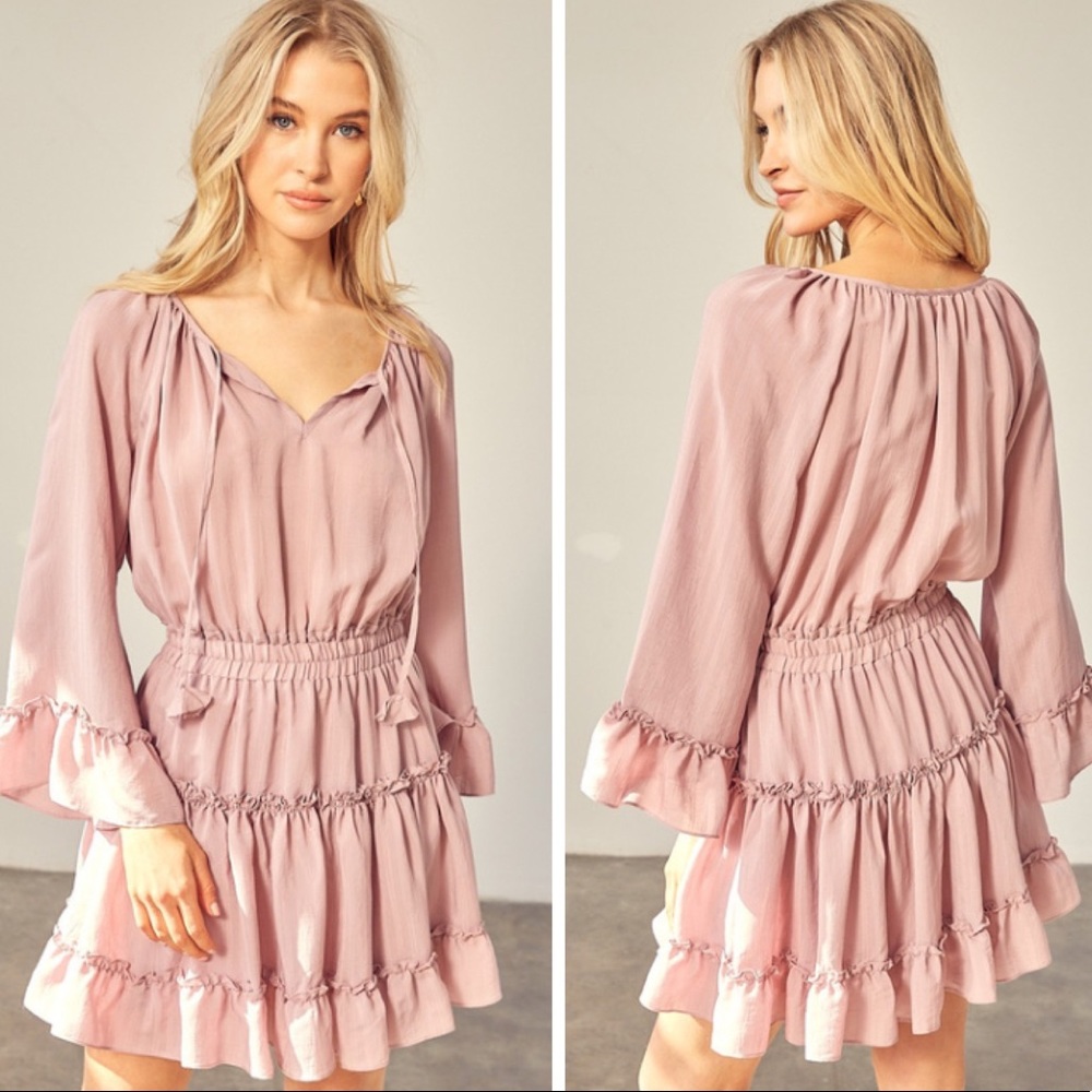 Adorable Baby Pink Long Sleeve Pink Tiered Mini Dress - Picture 3 of 3